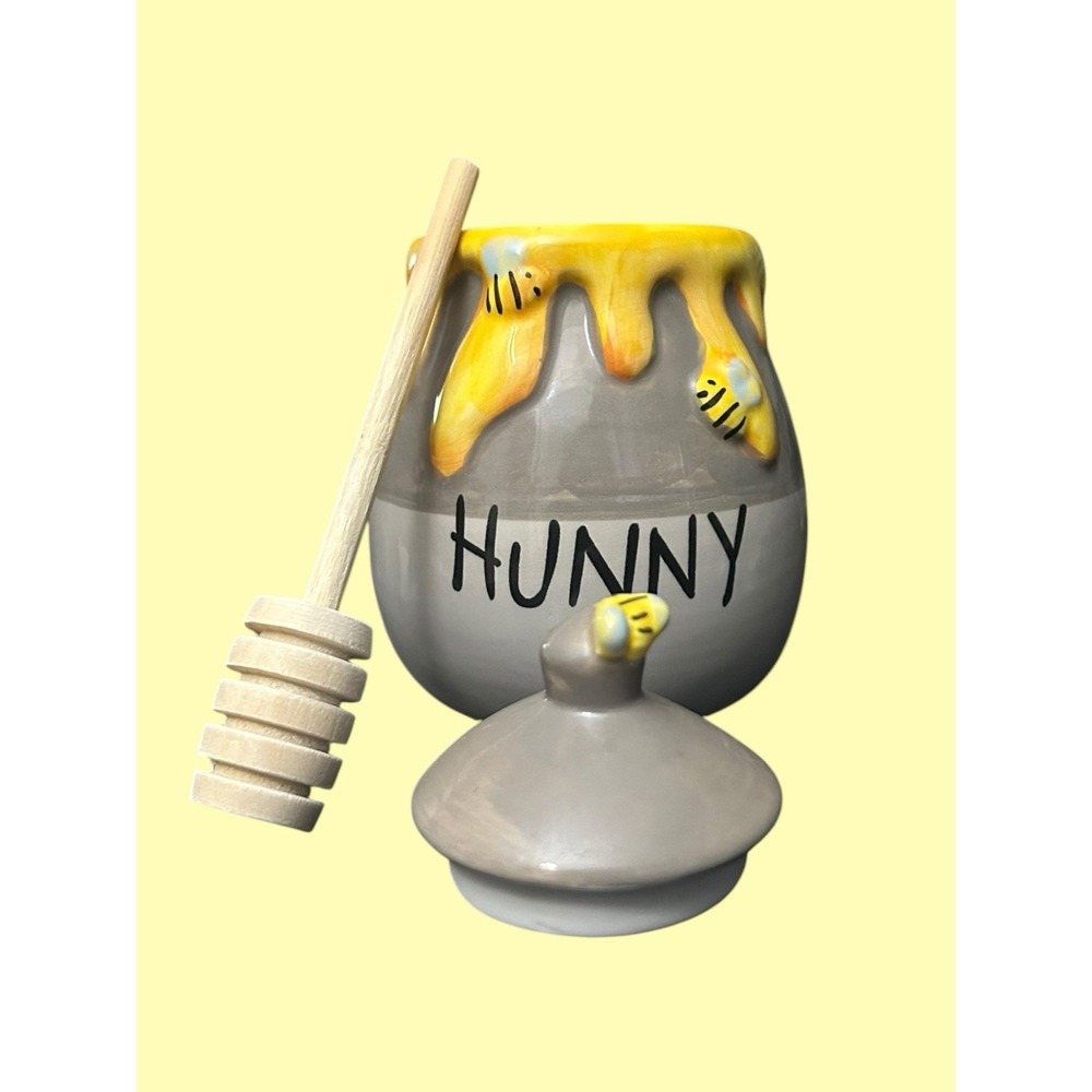 Disney Winnie the Pooh HUNNY Honey Pot Ceramic Jar with Lid Wooden Dipper Bees